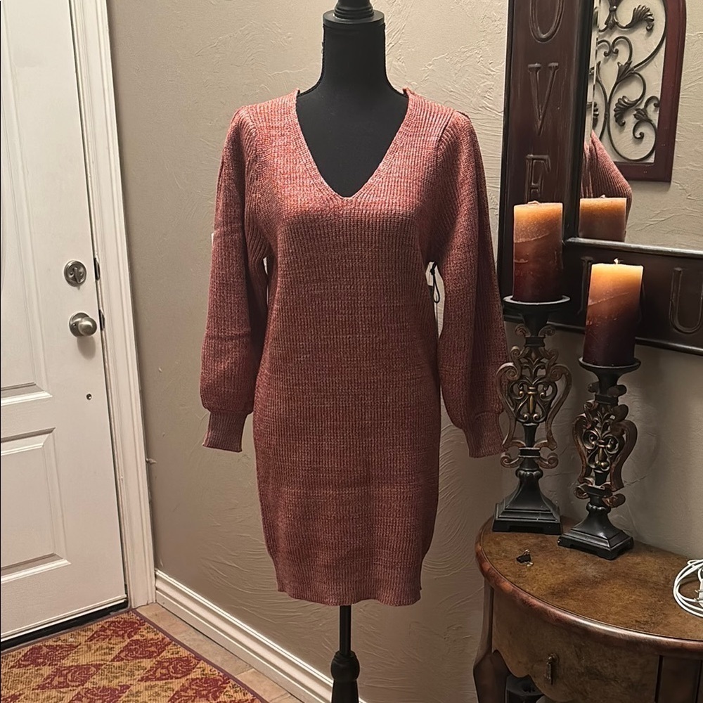 Cozy  Black Tape V-Neck Sweater Dress - Rust